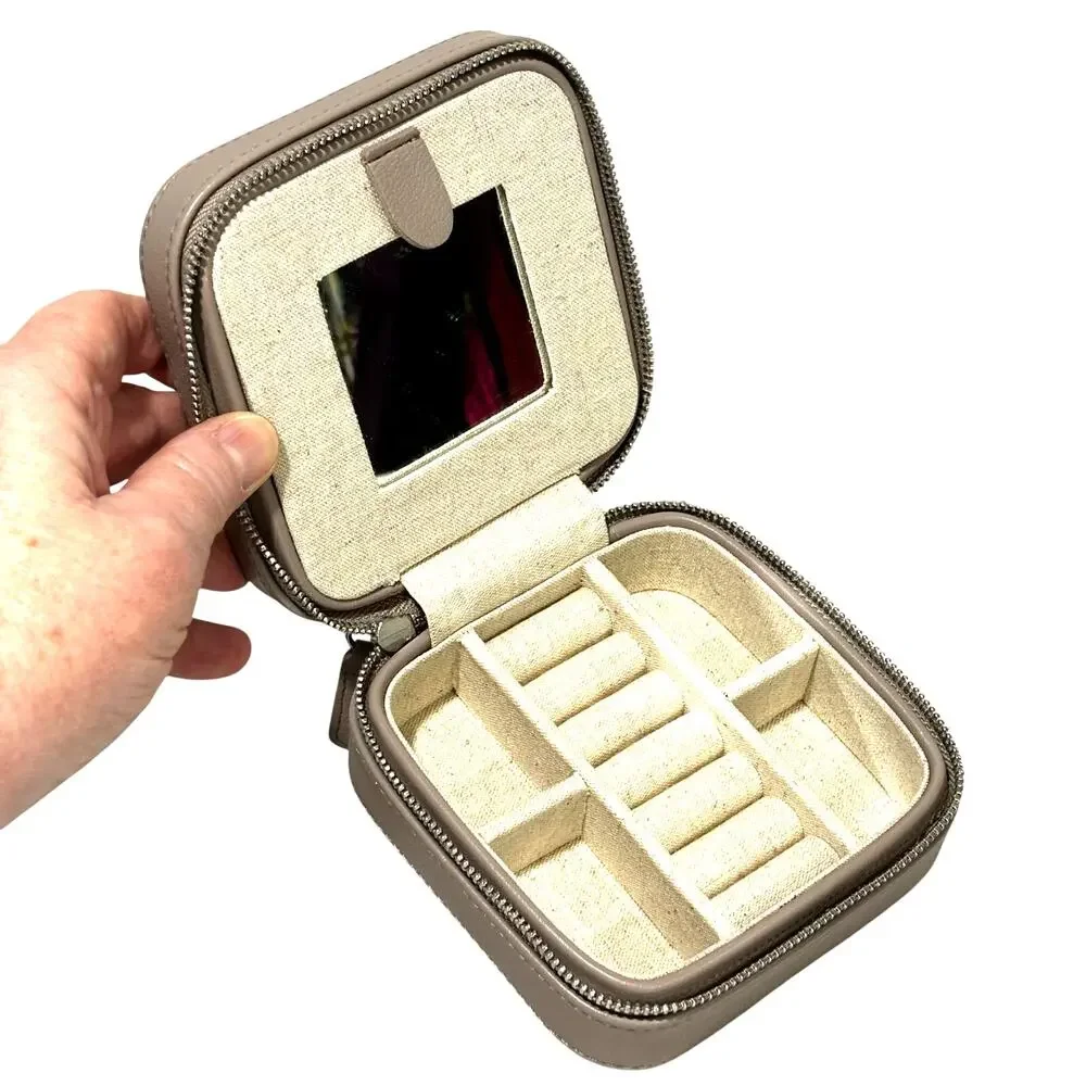 Gray leather zip around travel jewelry case small storage box organizer mirror